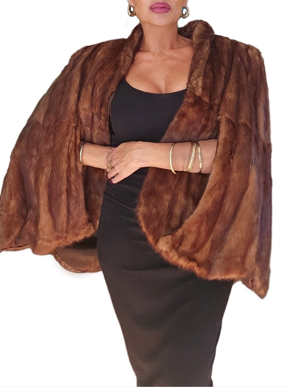 Genuine Vintage Mahogany Cognac Mink Fur Cape Jacket 1960's Scalloped Design